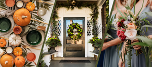 Collage featuring three autumn-themed scenes: a table setting with pumpkins, candles, and dishware; a festive front door decorated with greenery, apples, and a wreath; and bridesmaids holding floral bouquets with a mix of roses and greenery.